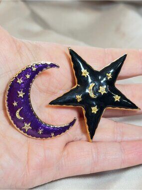 Star & Crescent Moon Brooch Set Celestial Enamel Gold Tone